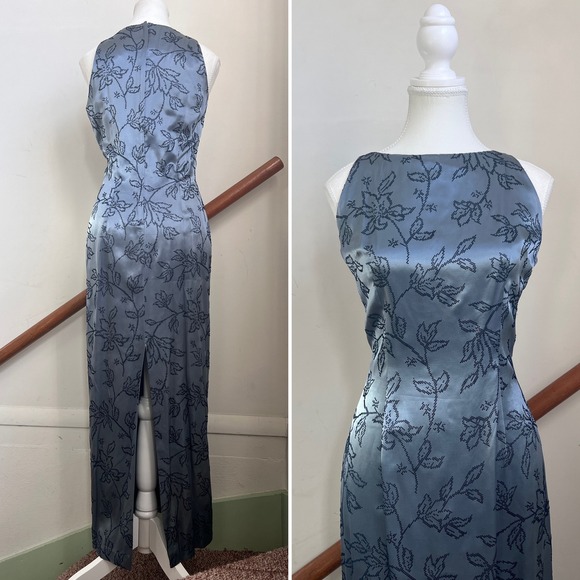 Vintage 90s Maxi Dress Velvet Flocked Floral High Neck Satin Formal Gown Gray - Picture 2 of 11